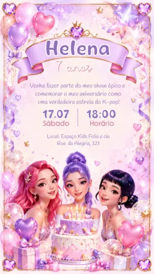 Convite de Aniversário K-pop Estilo Anime para Editar