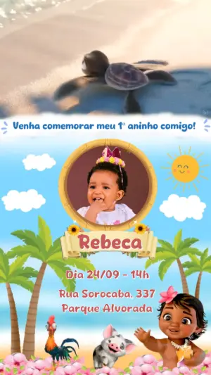 Convite Animado Aniversário Moana com Foto para Editar