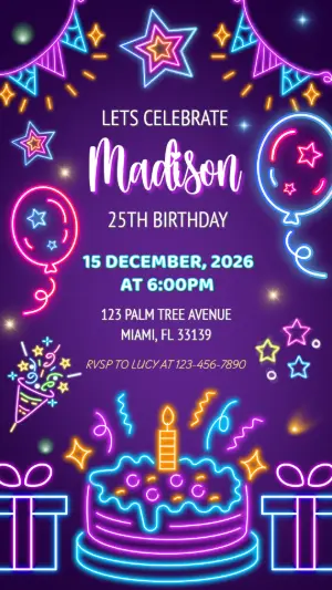 Editable Neon Birthday Party Invitation Template