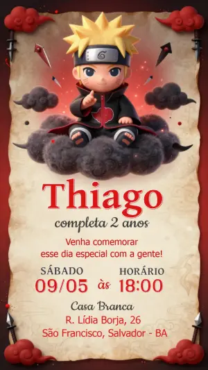 Convite de Aniversário Naruto Chibi Akatsuki Editável
