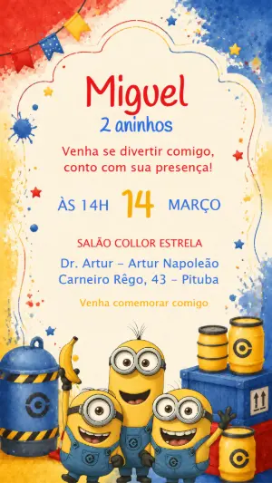 Convite de Aniversário Minions Colorido para Editar Online