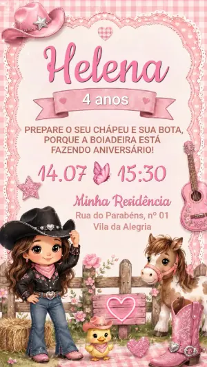 Convite de Aniversário Boiadeira Rosa Editável