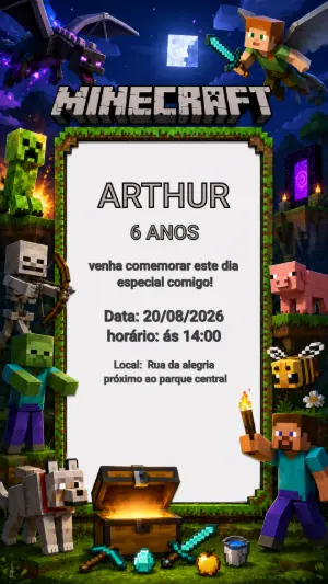 Convite de Aniversário Minecraft Editável para Menino
