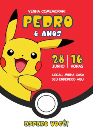 Convite Aniversário Pokémon com Pikachu para Editar Online