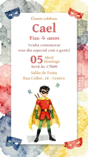 Convite de Aniversário Super-Herói Robin Aquarela para Editar