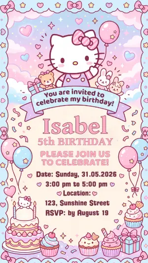Hello Kitty Birthday Invitation | Editable Template