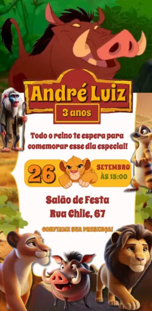 Convite Animado Aniversário Rei Leão Infantil para Editar