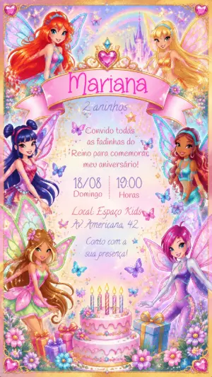 Convite de Aniversário Winx Club: Modelo Digital para Editar