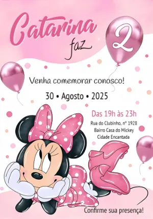 Convite Aniversário Minnie Mouse Rosa para Editar Online