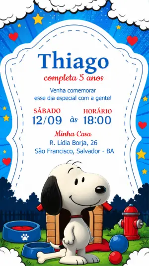 Convite de Aniversário Snoopy Digital para Editar