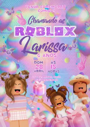 Convite de Aniversário Roblox Menina Pastel Editável