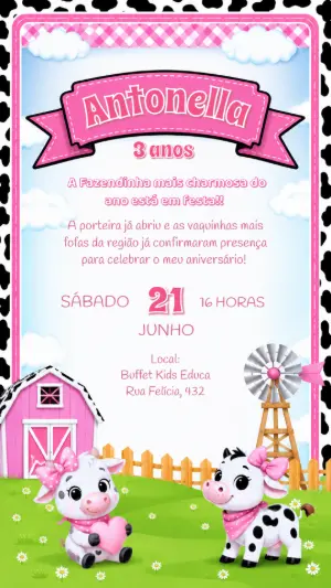 Convite de Aniversário Fazendinha Vaquinha Rosa Editável