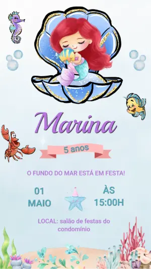 Convite de Aniversário Sereia Fundo do Mar Modelo Editável