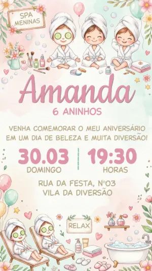 Convite de Aniversário Spa Meninas Aquarela para Editar