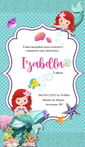 Convite Aniversário Pequena Sereia Ariel para Editar Online