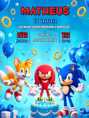 Convite de Aniversário Sonic e Amigos Modelo Editável