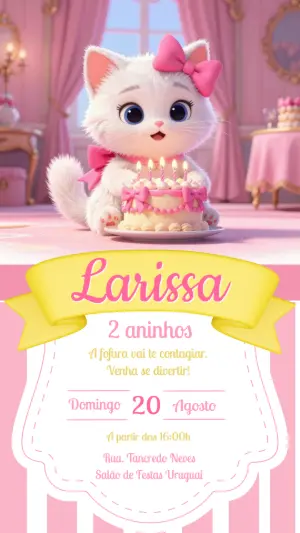 Convite de Aniversário Gatinha Fofa Rosa para Editar