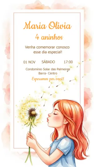 Convite Aniversário Dente de Leão com Menina para Editar
