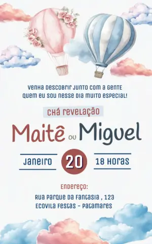 Convite Chá Revelação Balões Aquarela Rosa e Azul Editável