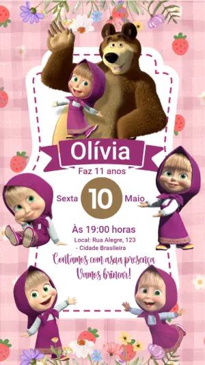 Convite de Aniversário Masha e o Urso Rosa para Editar