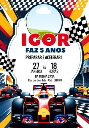 Convite de Aniversário Corrida de Carros Editável para Menino