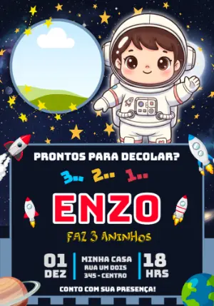 Convite Digital Infantil Tema Espaço com Astronauta Editável