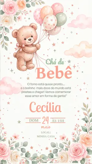 Convite Chá de Bebê Ursinha Aquarela Delicado para Editar