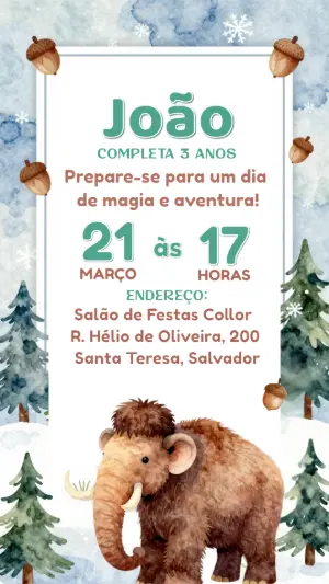 Convite de Aniversário Infantil Mamute Aquarela Editável