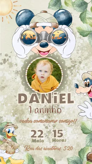 Convite Aniversário Mickey Safari com Foto para Editar Online