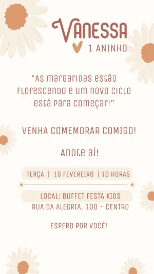 Convite de Aniversário Infantil Margaridas Boho Editável