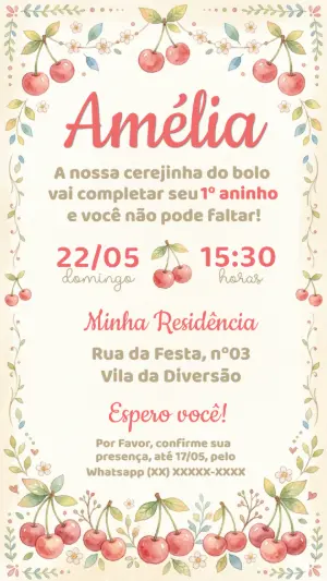 Convite de Aniversário Cerejinha Aquarela para Editar