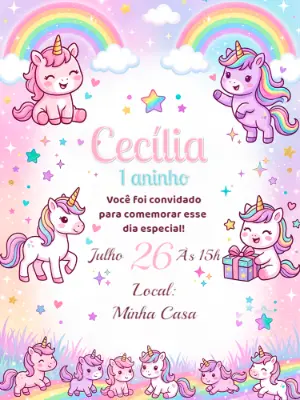 Convite de Aniversário Unicórnio Fofo e Colorido para Editar