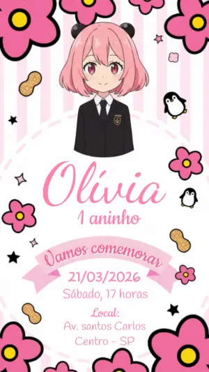 Convite de Aniversário Anya Spy x Family Rosa para Editar