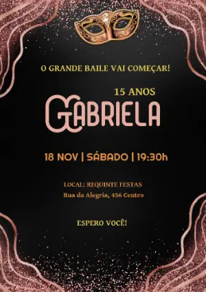 Convite 15 Anos Baile de Máscaras Rose Gold para Editar