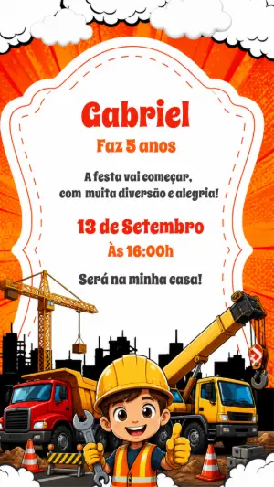 Convite de Aniversário Construção: Modelo Digital para Editar