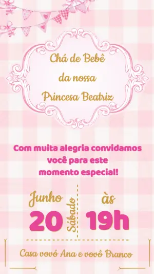 Convite Chá de Bebê Princesa Xadrez Rosa para Editar