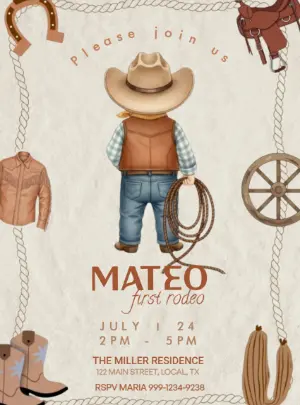 Cowboy First Rodeo Birthday Invitation Editable Template