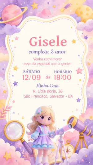 Convite Aniversário Astronauta Menina Editável