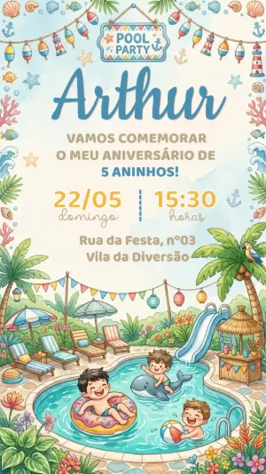 Convite de Aniversário Pool Party Menino Aquarela Editável