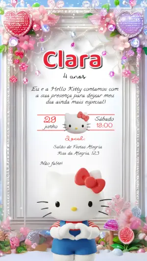 Convite de Aniversário Hello Kitty Rosa e Brilhante Editável