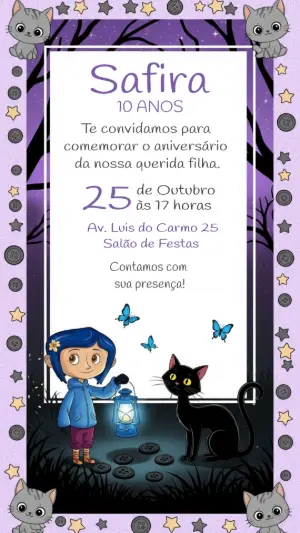 Convite Aniversário Coraline com Personagens para Editar