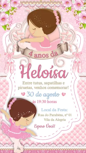 Convite de Aniversário Bailarina Rosa para Editar