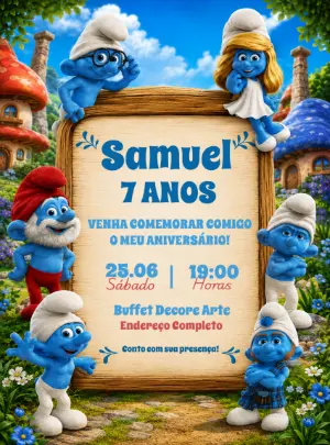 Convite de Aniversário Os Smurfs Azul para Editar