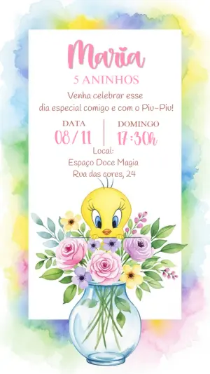 Convite de Aniversário Piu-Piu com Flores para Editar Online