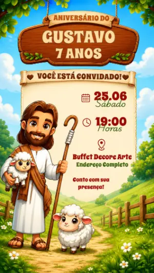 Convite de Aniversário Infantil Jesus Bom Pastor Editável