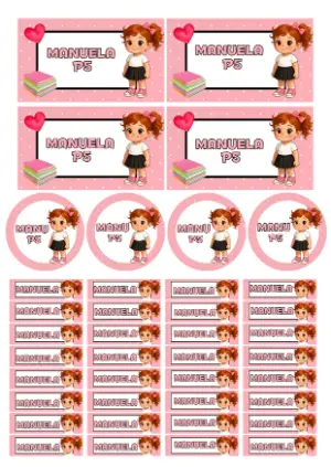 Kit Etiqueta Escolar Menina Ruiva Rosa para Editar e Imprimir