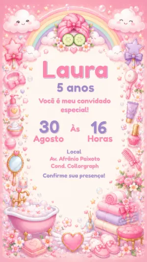 Convite Aniversário Spa Day Rosa Fofo para Editar