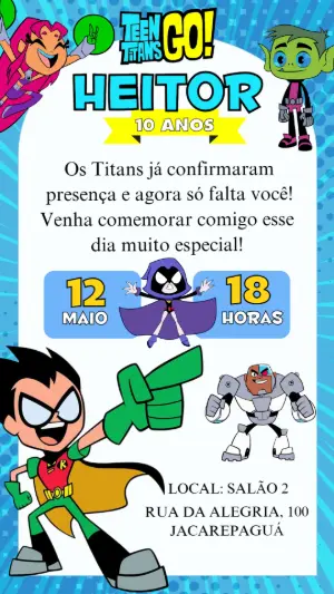 Convite de Aniversário Jovens Titãs para Editar Online