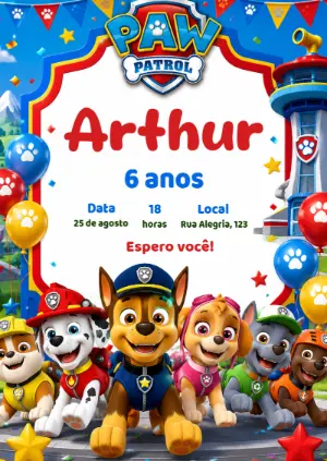 Convite Editável de Aniversário da Patrulha Canina