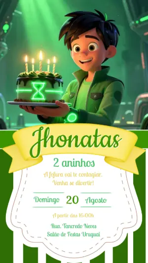 Convite de Aniversário Herói Verde 3D Modelo Editável